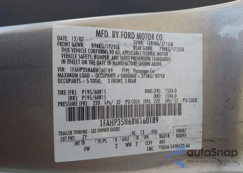 2008 Ford Focus Se/Ses из США, поврежденный, VIN 1FAHP35N68W160189